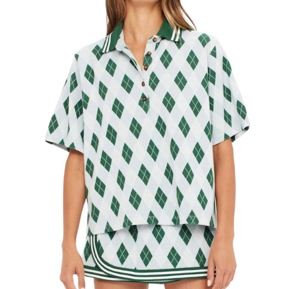 The Upside Tops - The Upside Clubhouse Dom Polo Argyle Green Jacquard Cotton Shirt size XS / US 4